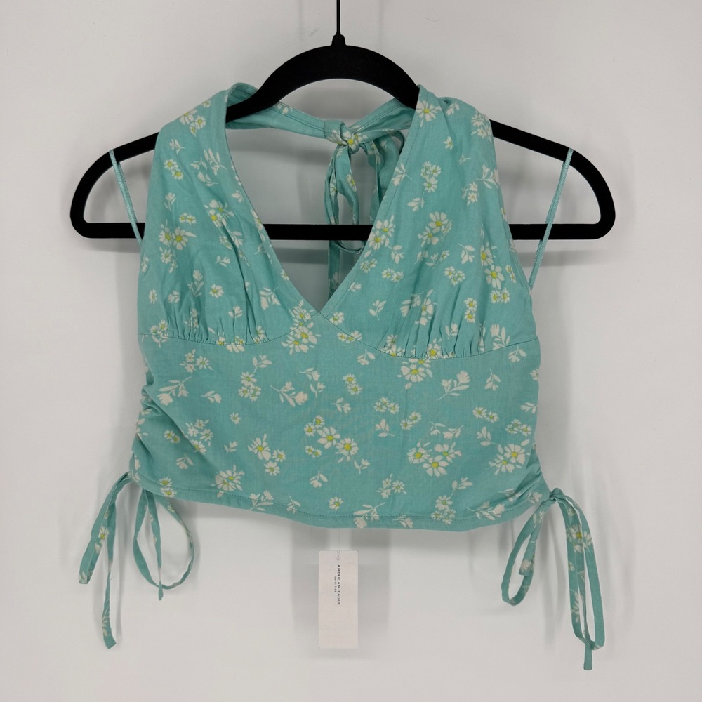 AMERICAN EAGLE TEAL FLORAL CROPPED HALTER TOP MEDIUM NWT‎